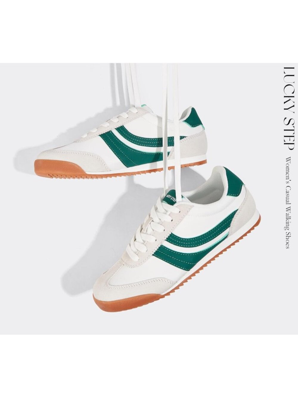 Women's White/Green Lightweight Thin Sole Lace up Anti Slip Retro Sneakers - Picture 6 of 6